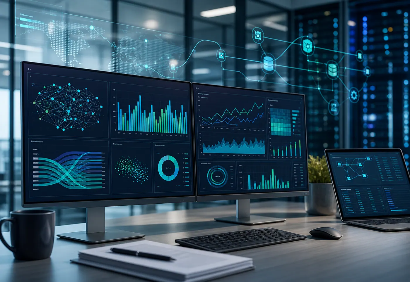Modern data analytics dashboards and data flow visualisations